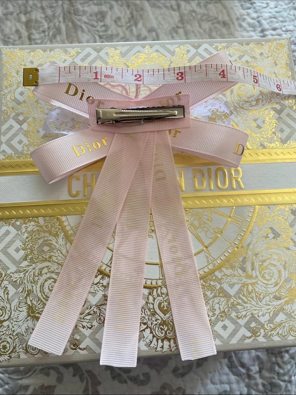 Dior Pink and Gold Ribbon Floral Wall Accent Hairclip